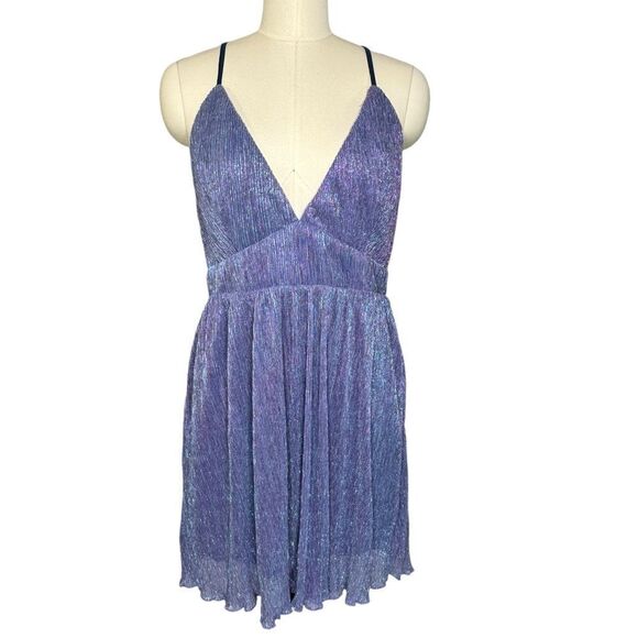 Lulu’s Blue Metallic V Neck Skater Dress | Size L - Picture 4 of 9